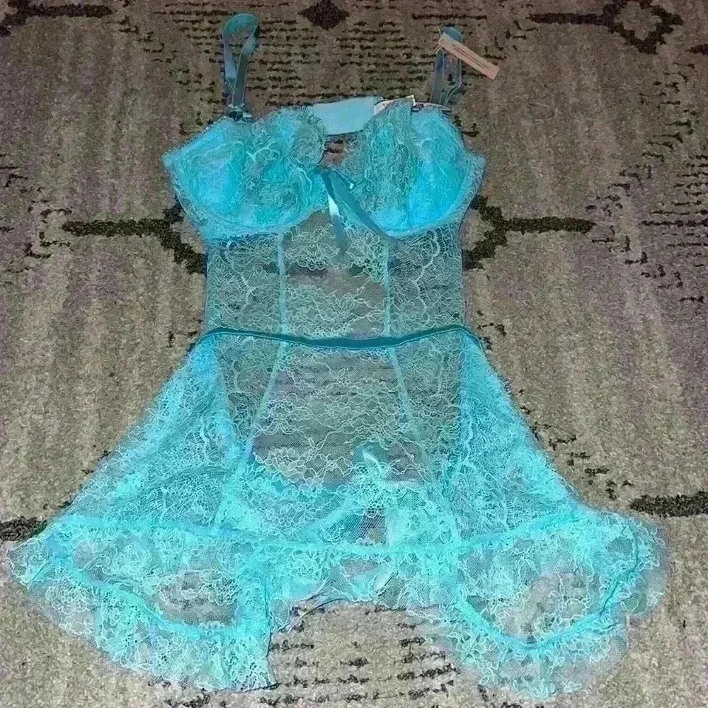 Victoria Secret Lingerie Babydoll Light Blue Wicked Lace Apron Tie‎ Up Underwire
